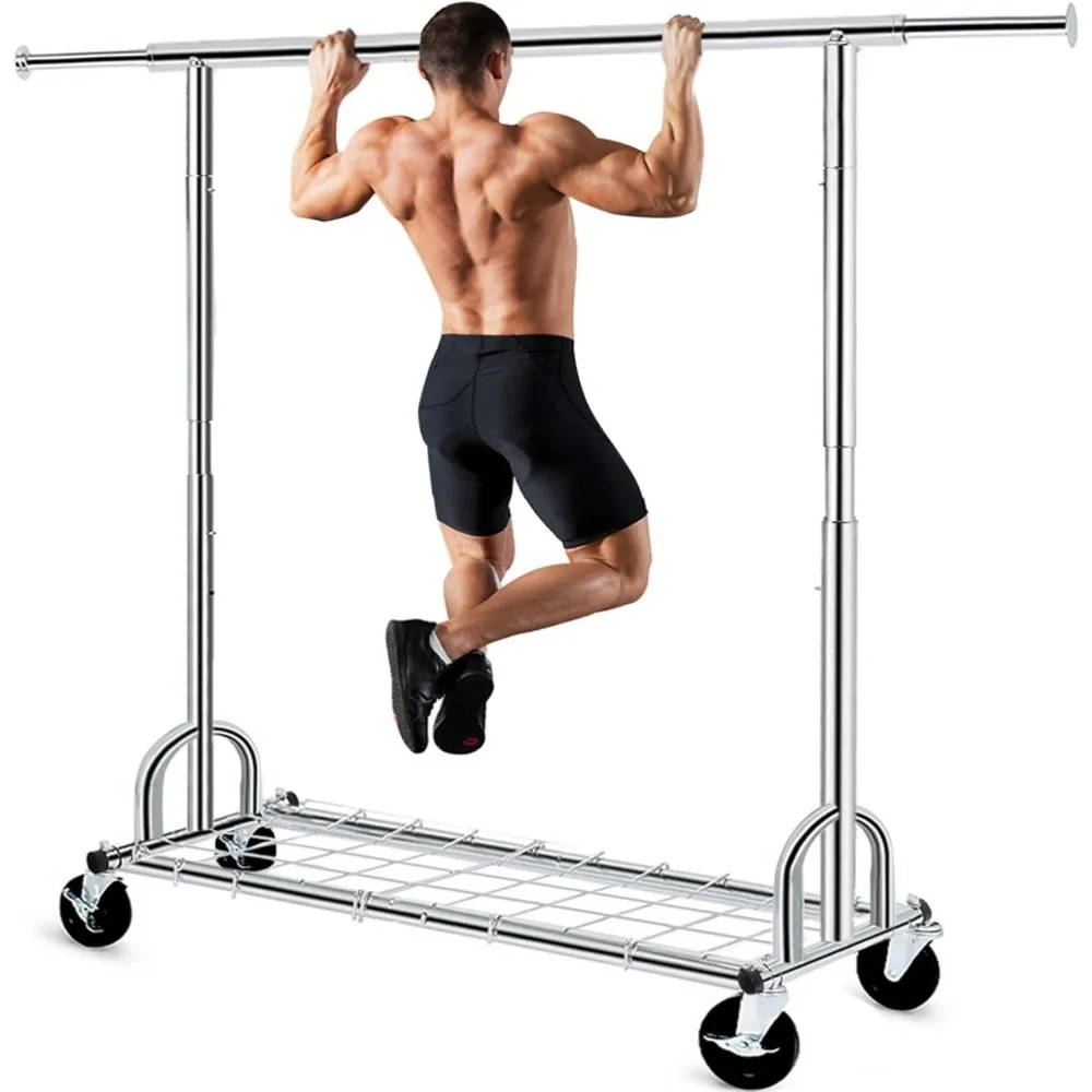 

Heavy Duty Rolling Garment Rack on Wheels 525LBS Capacity Commercial Clothes Hanging Rack Collapsible