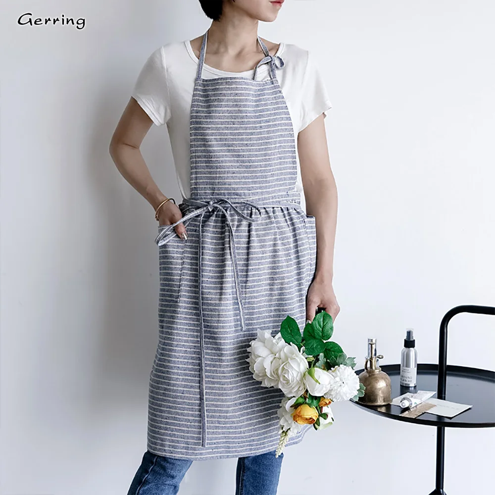 Gerring Apron Cooking Stripe Pleated Kitchen Apron Dress Linen Sleeveless Coveralls Chef Waiter Cafe Shop BBQ Tablier Delantal