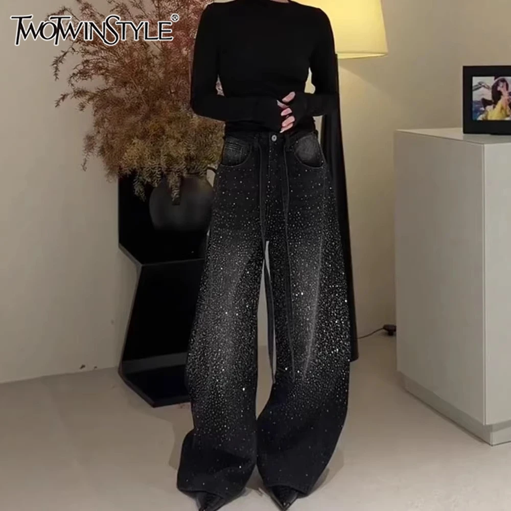 

TWOTWINSTYLE Solid Spliced Diamonds Trousers Female High Waist Loose Streetwear Retro Women's Wide Leg Pants Autumn New Fashion