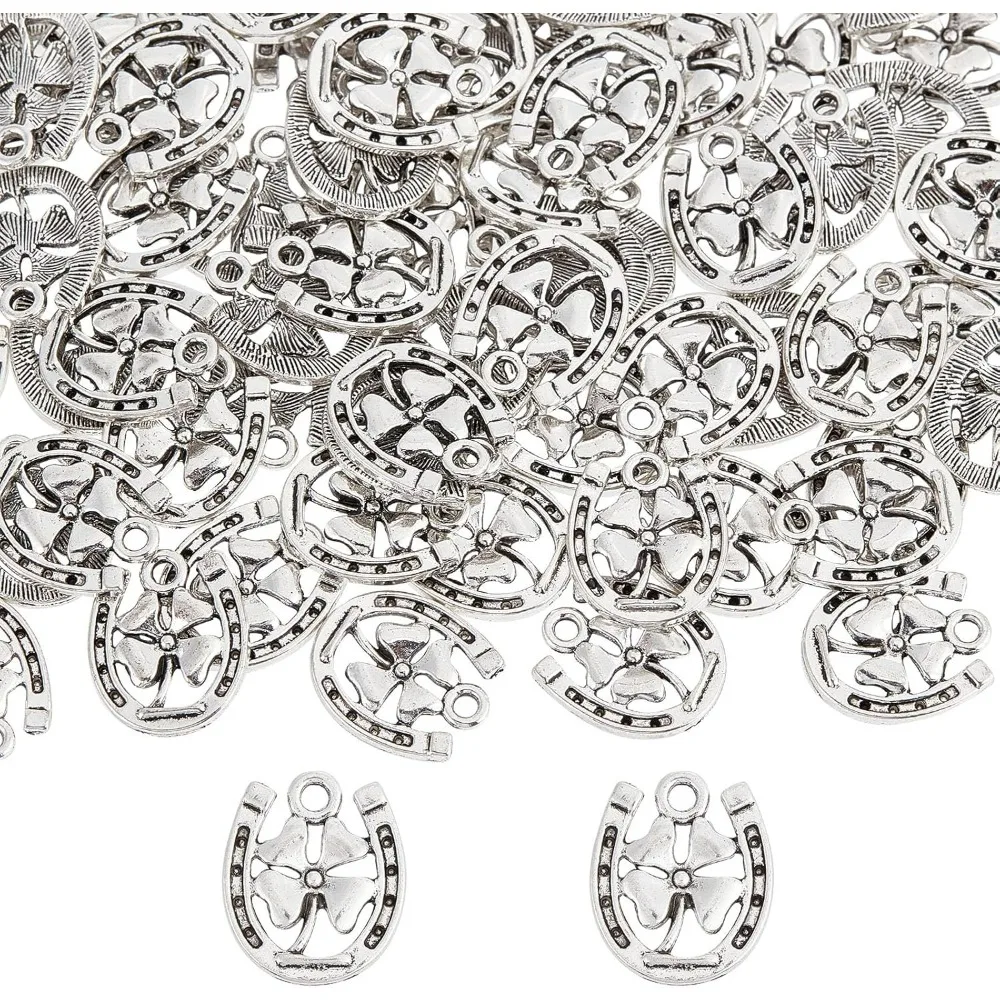 100 Uds. Amuletos de herradura, dijes de trébol de cuatro hojas, dijes de zapatos de caballo, amuleto de vaquero occidental de buena suerte para hacer joyas, kit de dijes