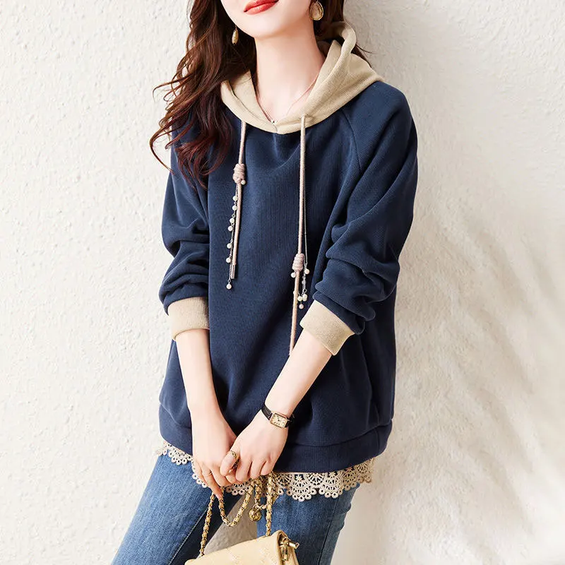 Female Clothing Solid Color Lace Spliced Hooded Sweatshirts Casual Autumn Winter Fleece Warm Drawstring Pearl Korean Pullovers