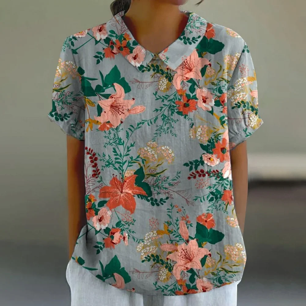 Женский летний новый топ, модная китайская рубашка с принтом бамбука и конопли, повседневная удобная рубашка с коротким рукавом и воротником, женские блузки