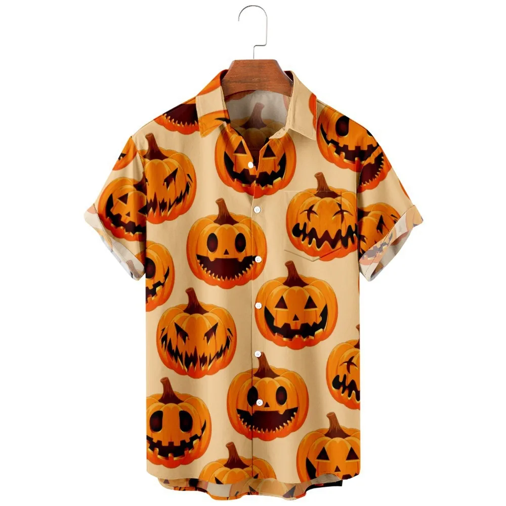 2023 Hawaiian Men\'s Shirt Halloween Ghosts Pumpkin 3D Printed Short Sleeve Casual Summer Luxury Loose Breathable Oversized Tops