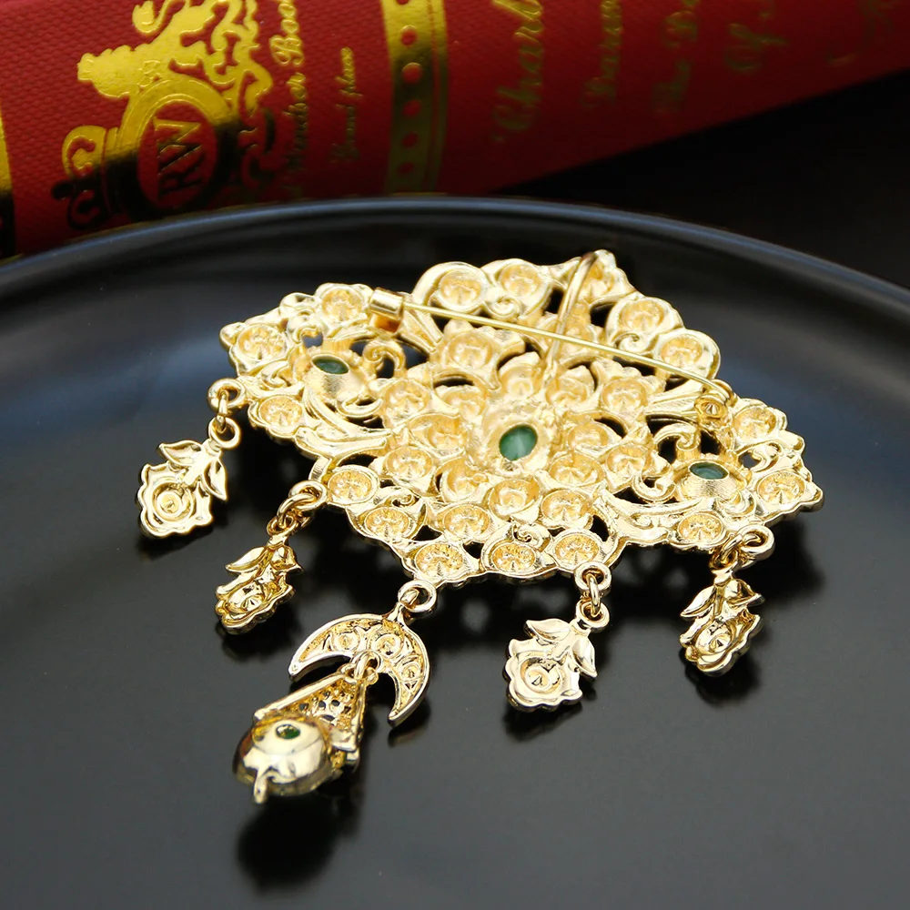 Sunspicems Elegent Crystal Women Brooch Morocco Jewelry Gold Color Arabic Caftan Hijab Brooch Pins Flower Bride Wedding Bijoux