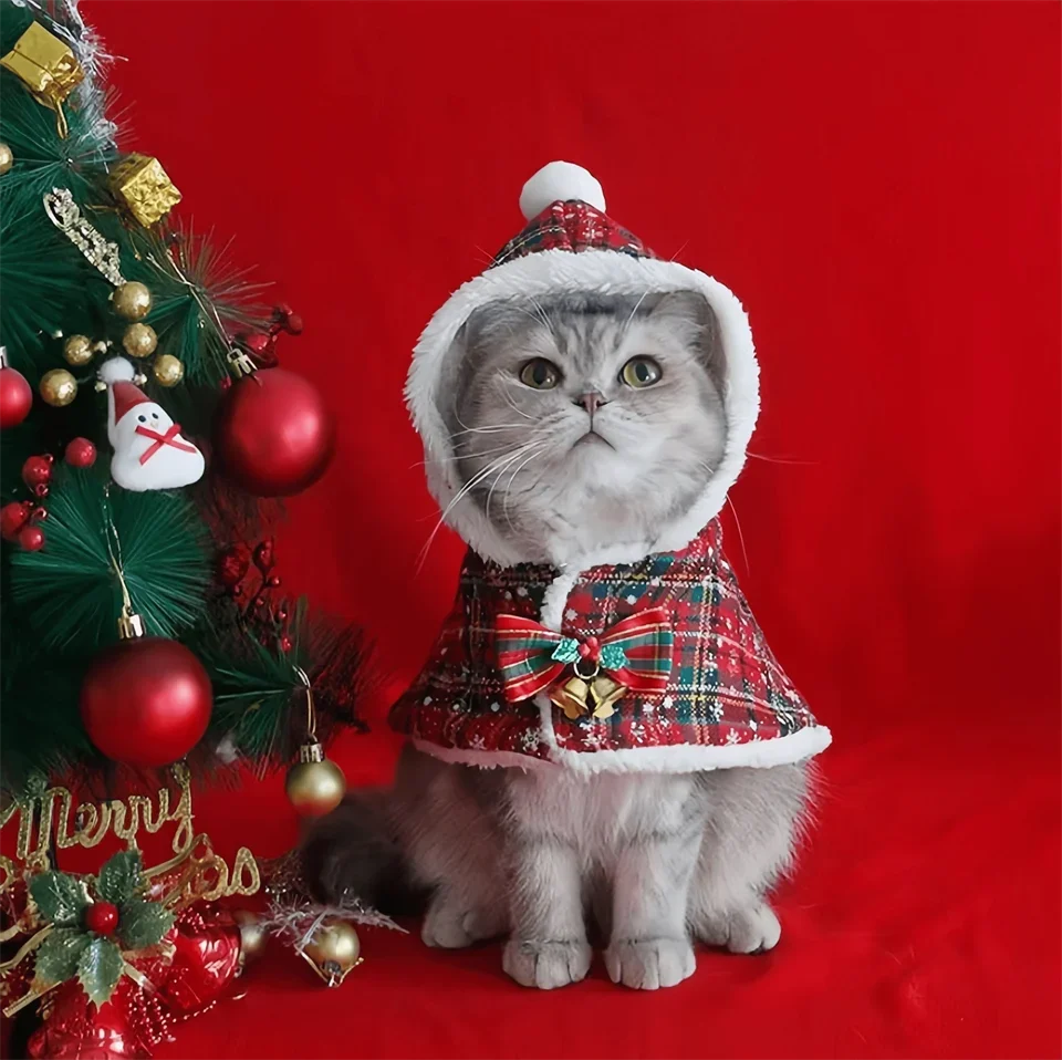 Christmas Cat Hoodie Warm Cloak Outfit for Small Dogs Cats CostumeCoat Clothes Pet Santa Cosplay Costume Dog Soft Plush clothes