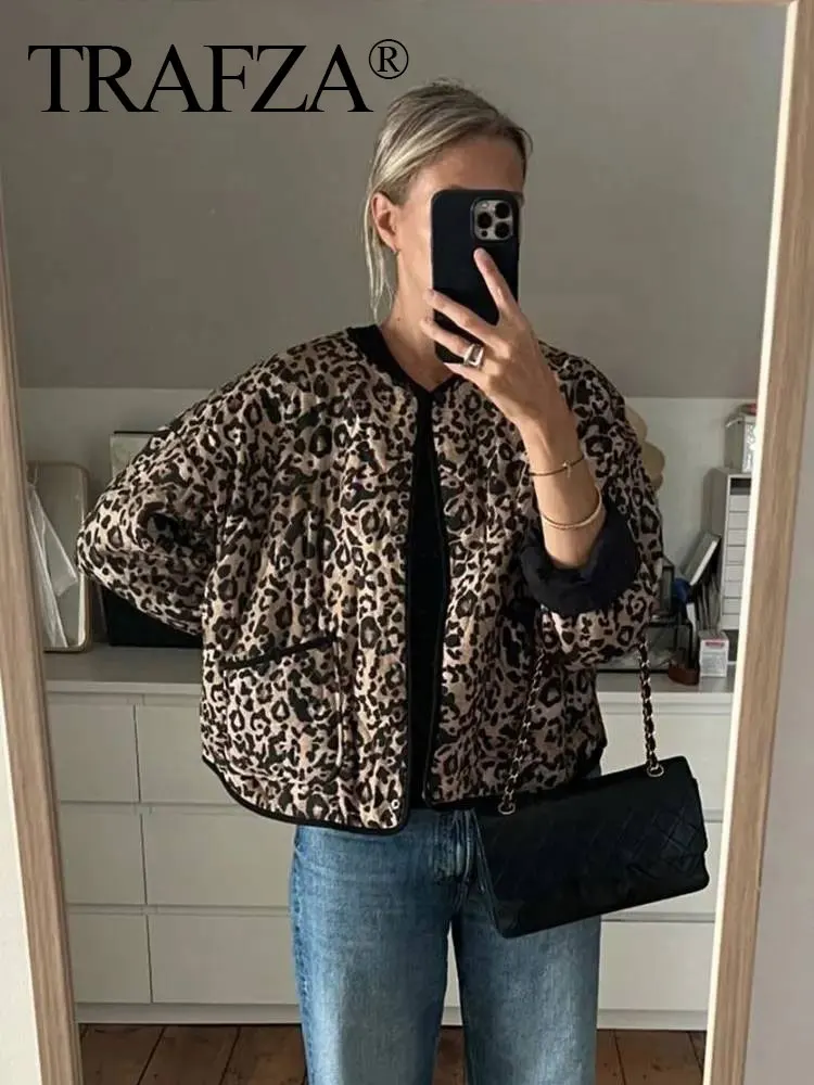 TRAFZA 2024 Casual Leopard Print Cotton Coats For Women Autumn Single-Breasted Pockets Long Sleeves O Neck Street Fashion Jacket