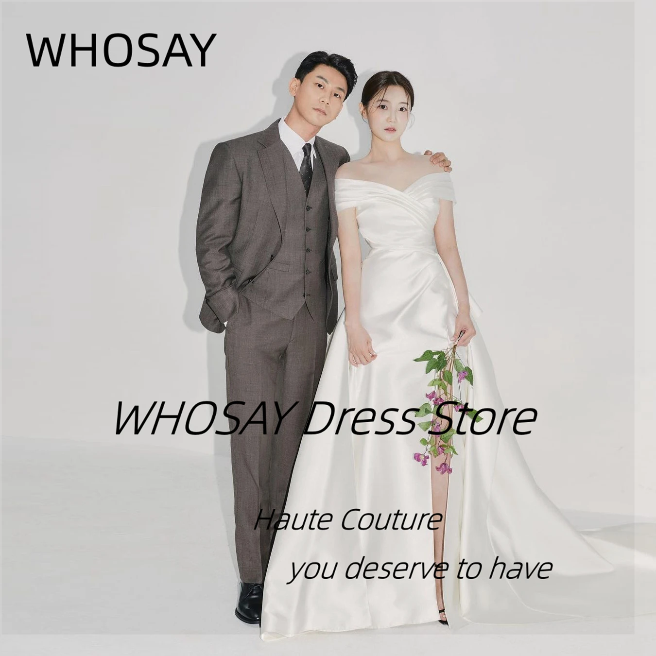 WHOSAY A Line Satin Wedding Dresses 2024 Off Shoulder Bridal Gowns Side Slit Long Ruched Vestidos De Noches Special Party Dress