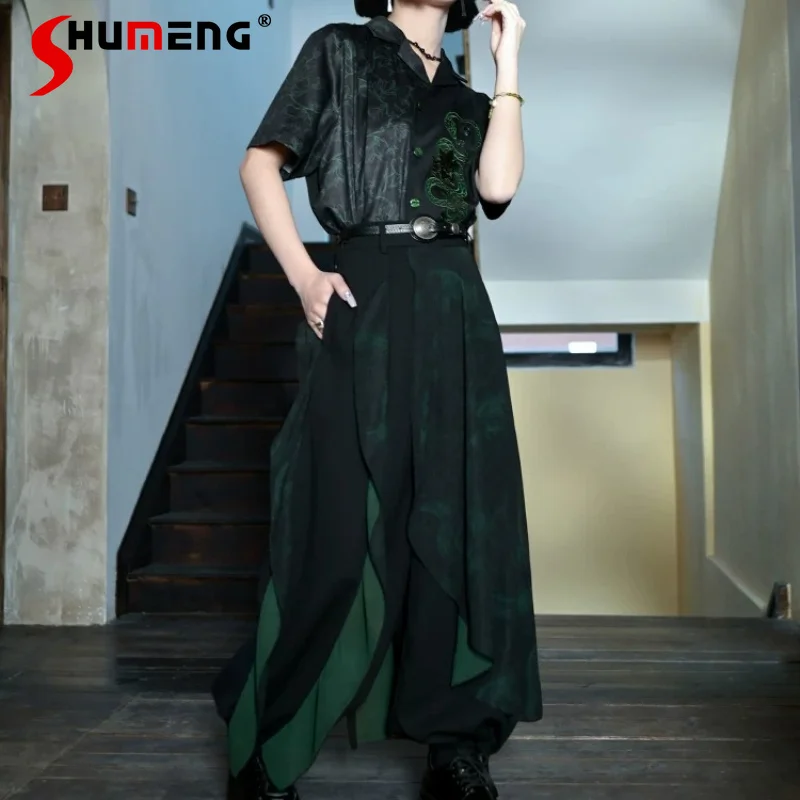 

Irregular Spliced Green New Chinese Style Skirt Pants Design Loose National Style Wide Leg Pants For Women's Casual Trousers