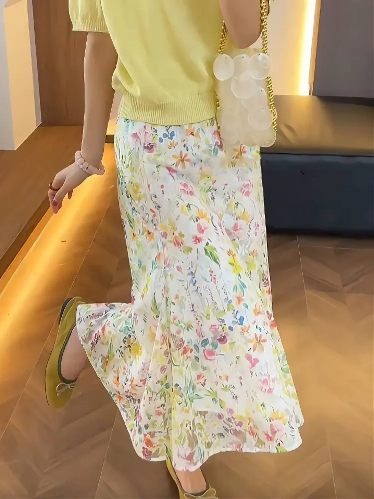 

Юбка с цветочным принтом, женская, простая, элегантная, длинная, повседневная, с завышенной талией, А-силуэт, для ежедневной носки, весна 2026