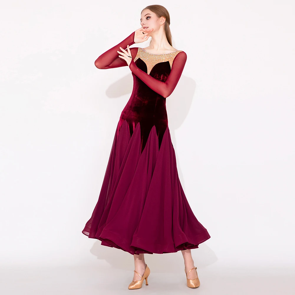 Vestido de baile nobre valsa, novo vestido de competição com strass para mulheres, saia de veludo, manga longa padrão, dança de salão