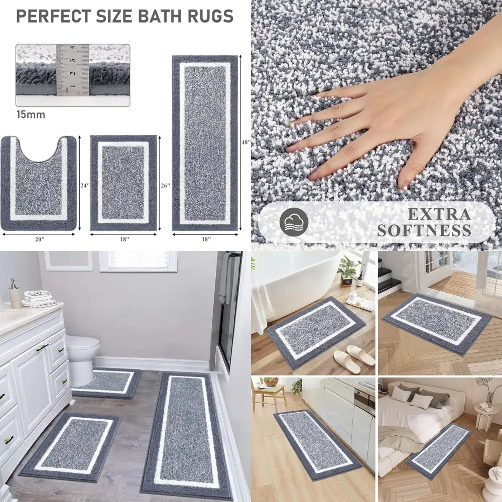 

3-Piece Microfiber Shaggy Bath Mat Set, Non-Slip, Soft and Absorbent, U-Shape Toilet Lid Cover, Grey