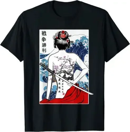 Kanagawa Wave Japanese Samurai Ninja Girl O-Neck Cotton T Shirt Men Casual Short Sleeve Tees Tops XS-3XL