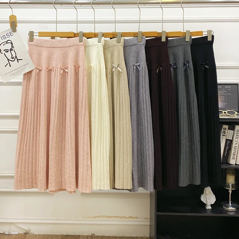 

Женская вязаная юбка миди с завышенной талией, А-силуэт, с узлом, корейский стиль, для офиса, теплая, из чистого хлопка