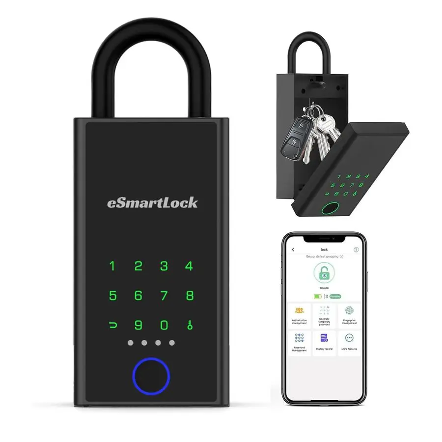 

Lock Box Fingerprint APP Bluetooth eLinksmart Electronic Key Safe with Digital Code, Weatherproof for Outdoor Wall Door Mount La