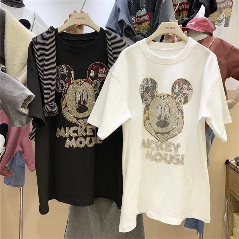 Cartoon Mickey Merk Ontwerp Hot Drill Vrouwen Ronde Hals Comfortabele Halve Mouw T-Shirt Dames Losse Trend Top Populair In Korea