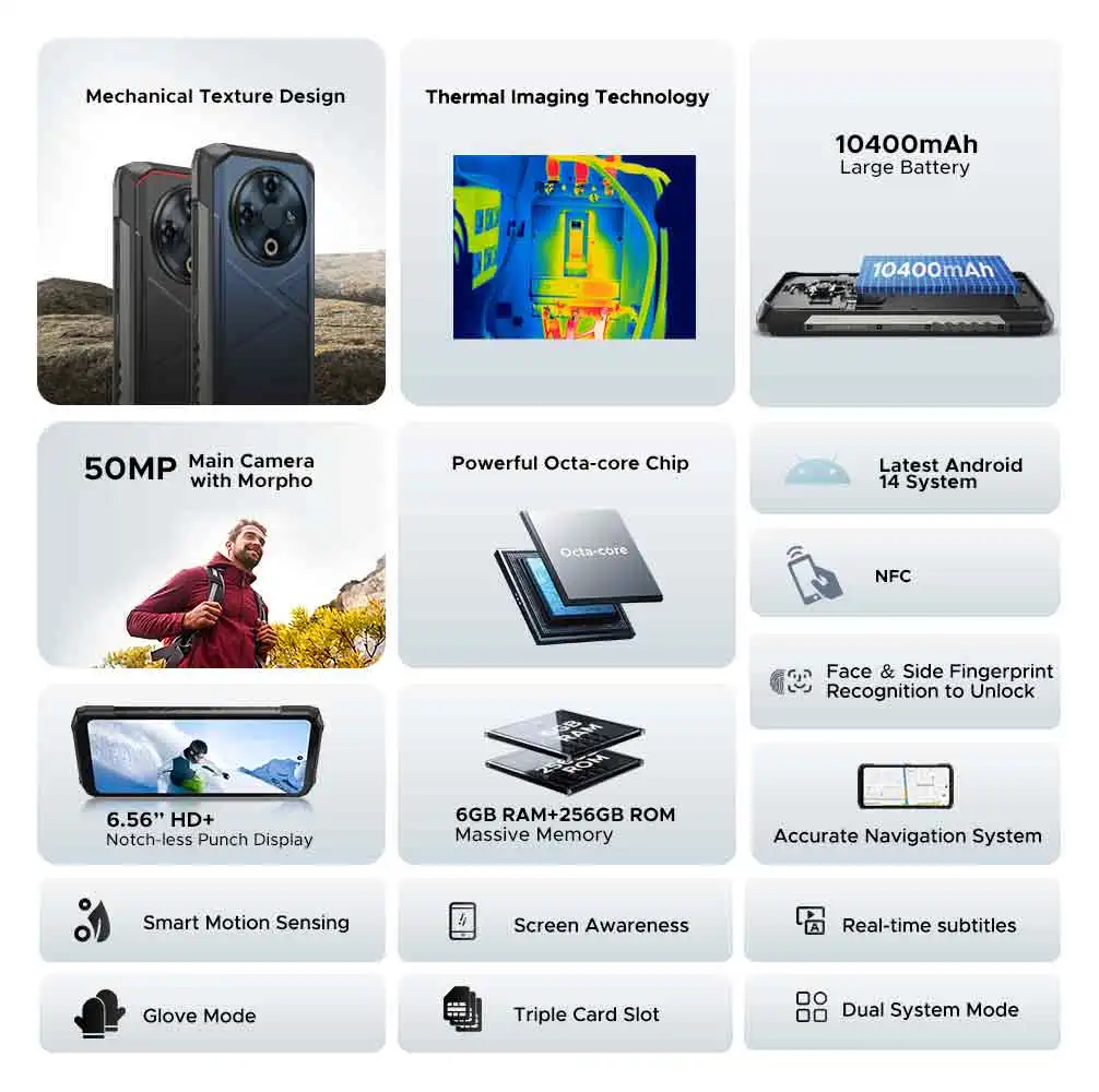 DOOGEE Fire 6 هاتف متين تصوير حراري 10400 مللي أمبير بطارية كبيرة 6.56 بوصة 16 جيجابايت (6 + 10) 256 جيجابايت 50 ميجابكسل AI كاميرا رئيسية هاتف محمول