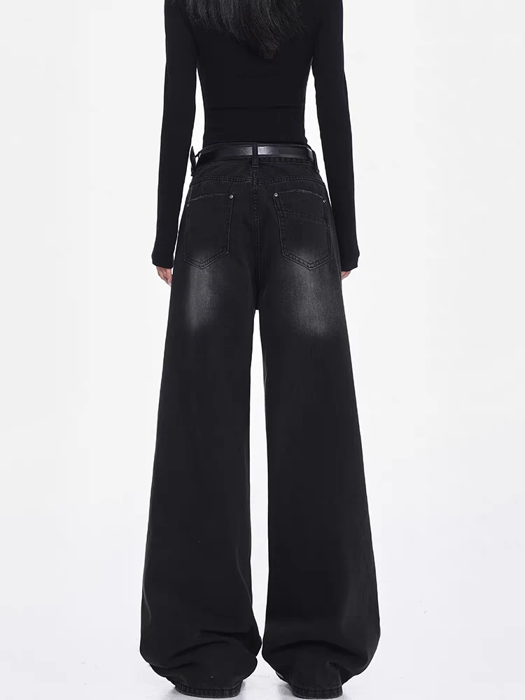 Jeans neri a gamba larga stile street da donna estivo Abito quotidiano Pantaloni vintage Pantaloni da ragazza cool Pantaloni larghi a vita alta femminili