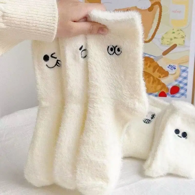 

Cute Expression Mink Fur Small Mid Tube Socks With Winter Fleece Added Warmth Women White Socks Versatile Plush Socks New