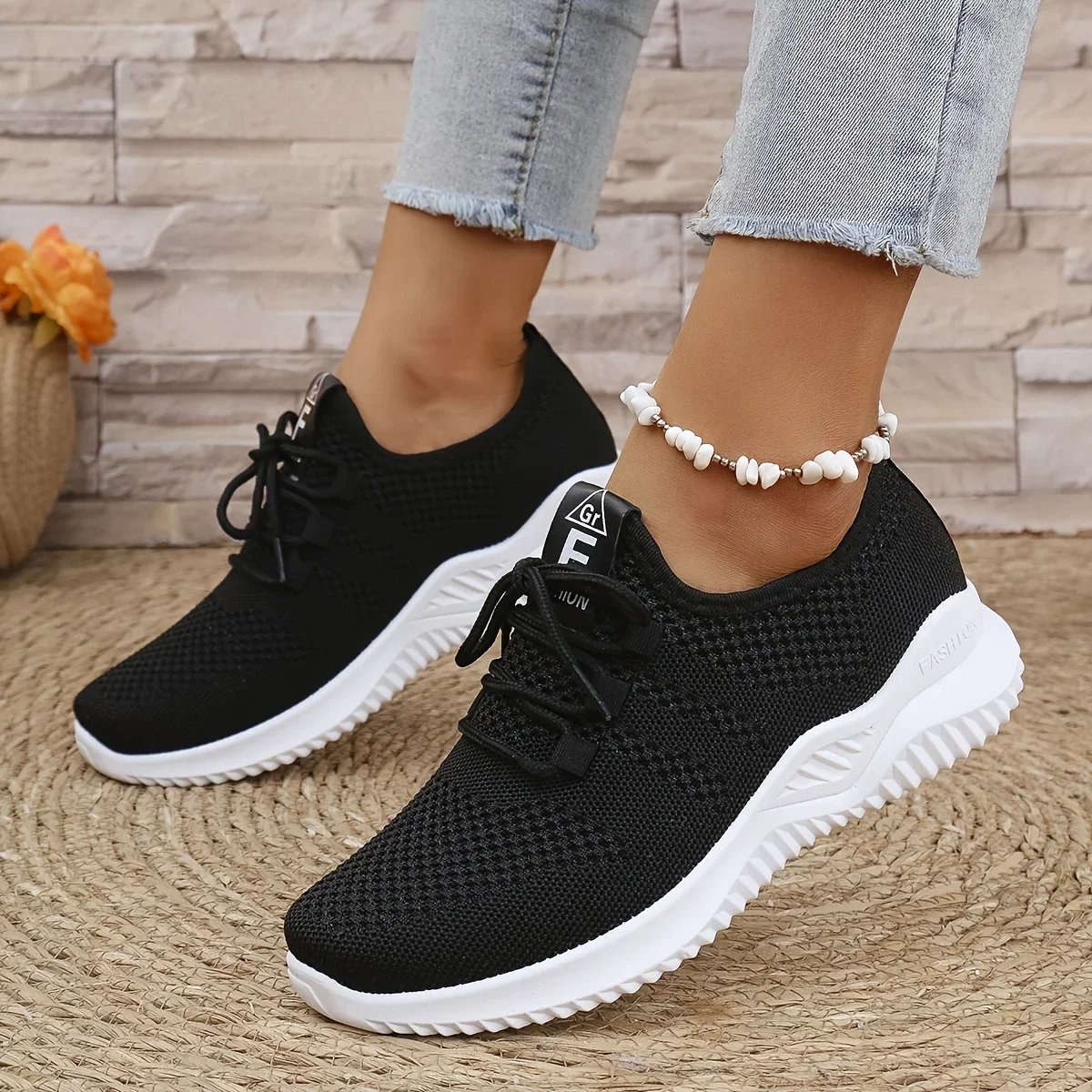 Damen-Freizeitsportschuhe in Unifarben mit Strickobermaterial und Weichsohlen zum Laufen, Tennis und für Workouts, Ideal für Reisen – Detail 1