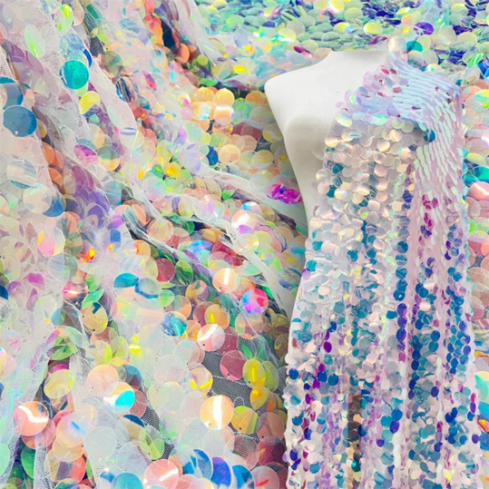 

18mm Laser Sequin Embroidered Mesh Fabric for DIY Sewing Wedding Live Streaming Arrangement Decorative Background Material Cloth
