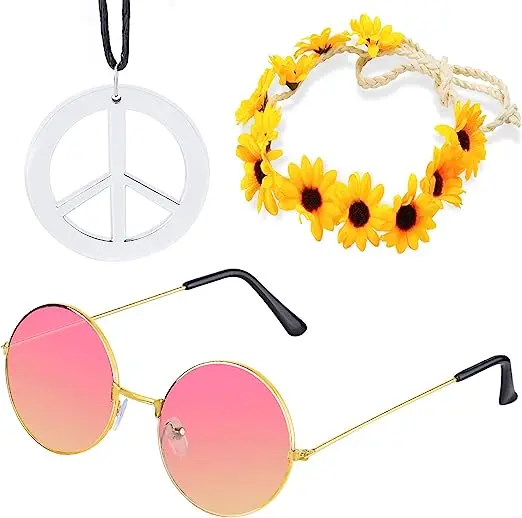 PESENAR Women Hippie Costume Set - 60\'s 70s Style Retro Vintage Glasses Peace Sign Necklace Sunflower Crown Hair Band