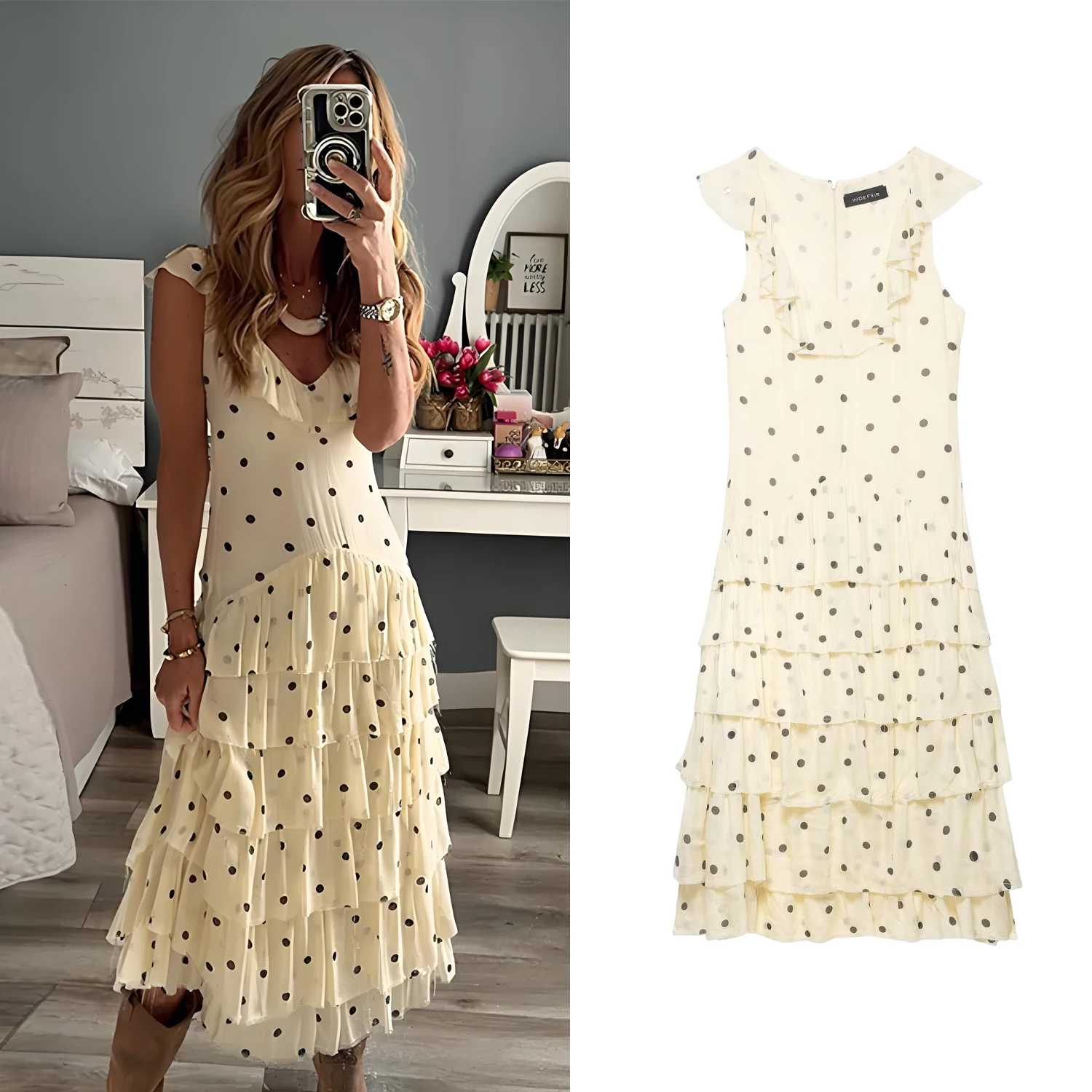 Women Elegant Backless Sleeve Layered Dress Summer New Female Ruffle Polka Dot Sling Dress Lady Holiday Chic Party Vestidos Dres
