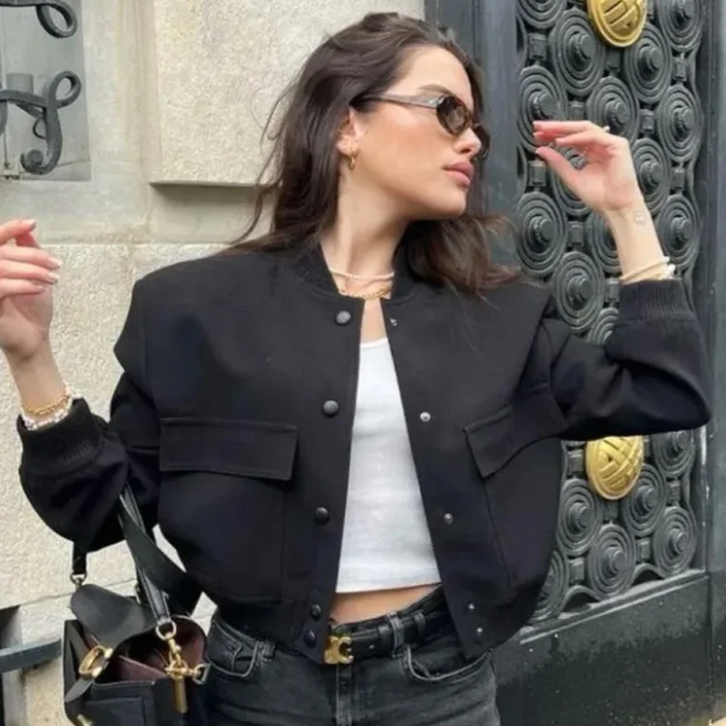 HXAO Women's Bomber Jacket Crop Black Off White Outerwears Spring 2025 New In Coats Aviator Varsity Button Long Sleeve Coat 066