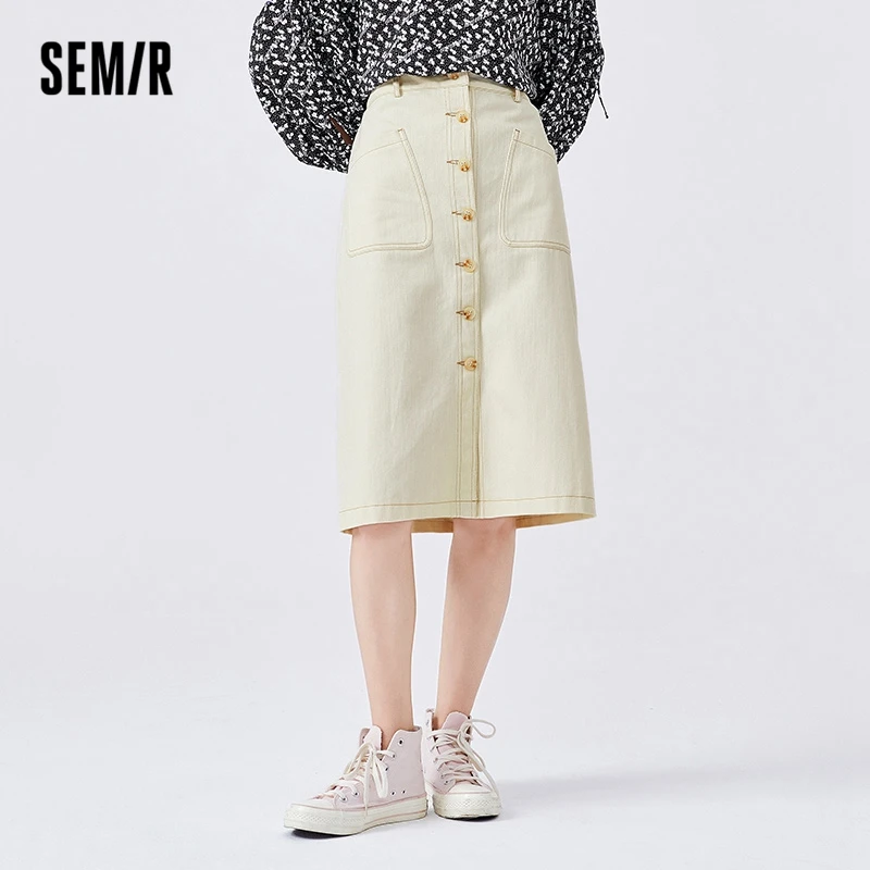 Semir 2023 Women Skirt Early Spring New Design Sense Breasted Skirt Open Line Mid-length Skirt Looking Thinner Skirt for Women