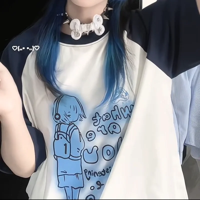 Printed raglan sleeves short sleeve T-shirt female summer color matching headphones girl design relaxed fashion Joker top.
