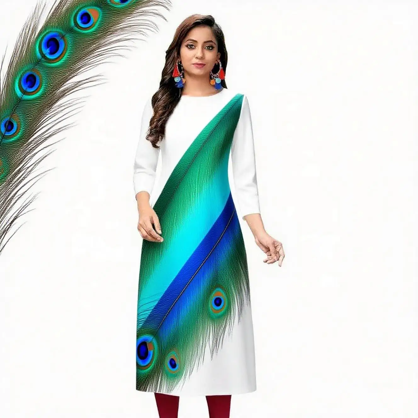 Abito moda casual Kurt da donna a maniche lunghe tubo dritto casual fiore etnico girocollo senso del design di dimensioni regolari