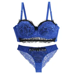 Conjunto de sujetadores florales de encaje de copa fina para mujer, ropa interior Sexy de realce, lencería de talla grande, Beige, azul, rosa, rojo, amarillo, novedad de 2022