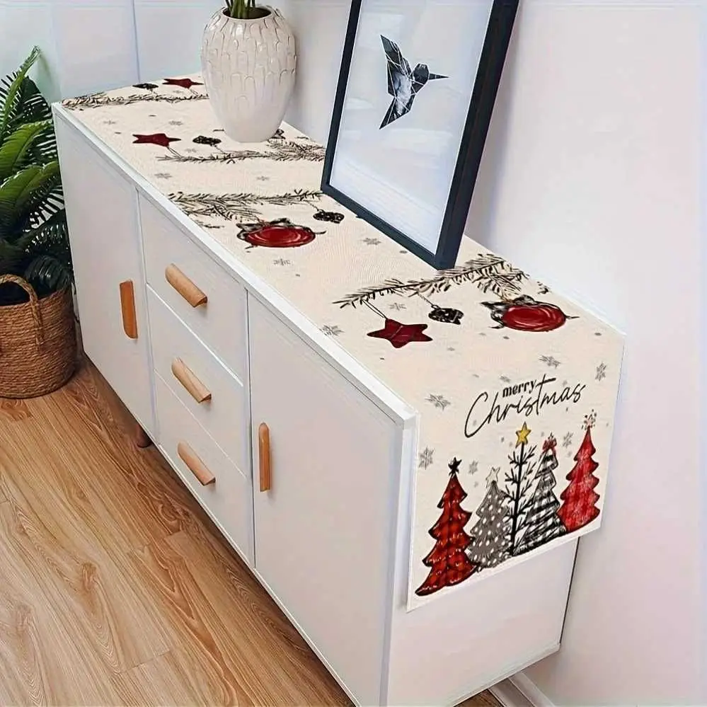 Merry Christmas Table Runner Cream Red Black Plaid Christmas Tree Bauble Star Snowflake Holiday Dining Kitchen Home Decor Gifts