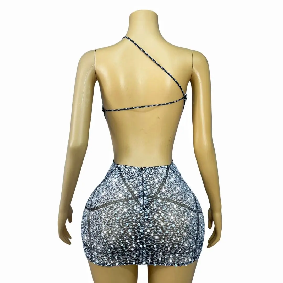 Vrouwen Sexy Glanzende Diamanten Steentjes Gedrukt Bodycon Mini Uitgesneden Jurk Avond Club Party Nightbar DJ Gogo Podiumkostuums