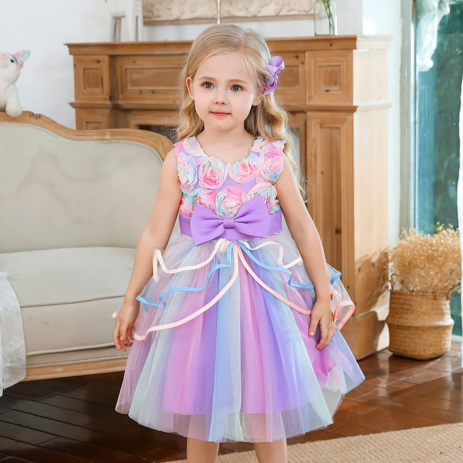 Girls flower girl dress rose rainbow tulle tutu skirt toddler girl sleeveless princess dress holiday birthday party bow dress