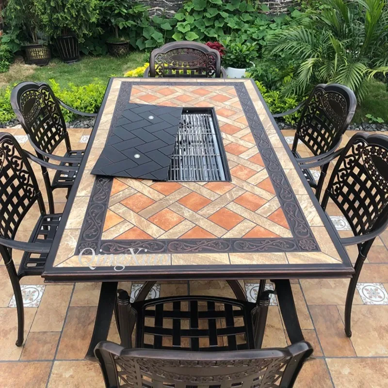 Outdoor Cast Aluminum Dining Table BBQ Grill Table for Patio Garden Backyard Heavy Duty Metal Rectangular Table for 4‑6 Person