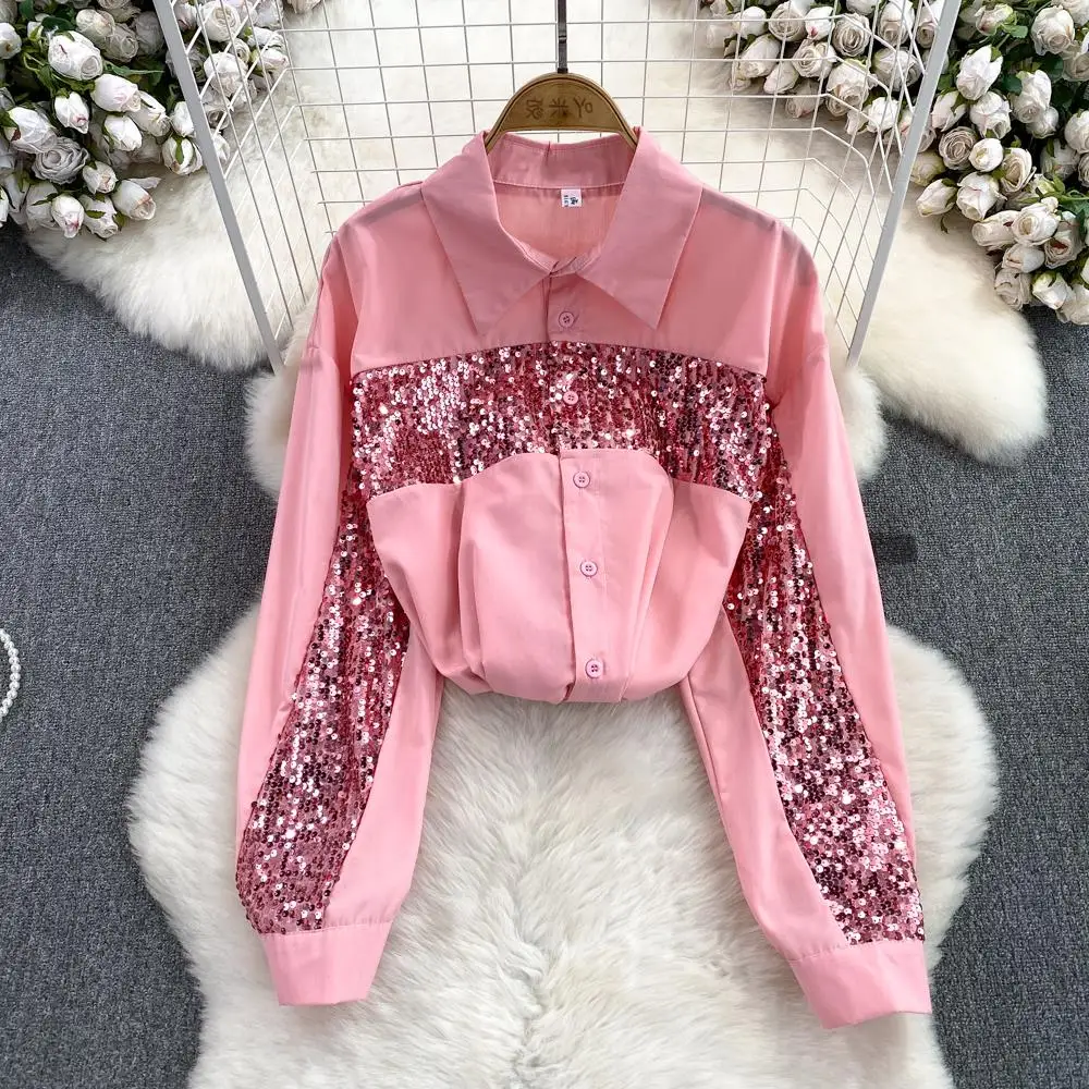

Spring Autumn Korean Sle Faion Lazy Loose Mid-Length Single Button Sequin Women's Casual Ele Top irt
