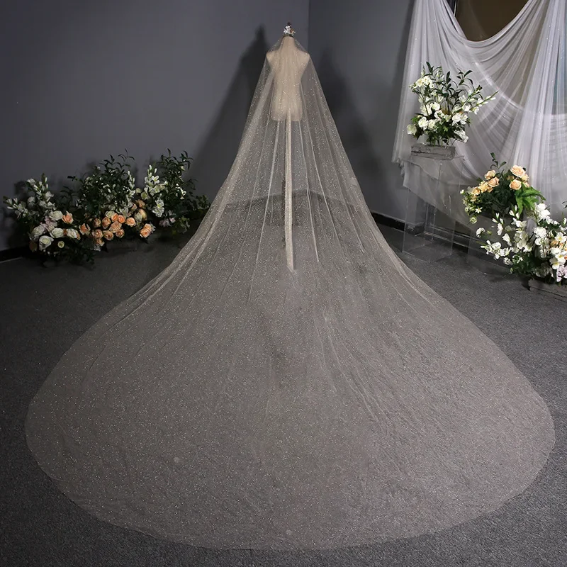 Fashion Shiny Wedding Long Yarn Wedding Dress New 3 M Lace White Gold Spray Korean-Style Exquisite Bridal Headdress