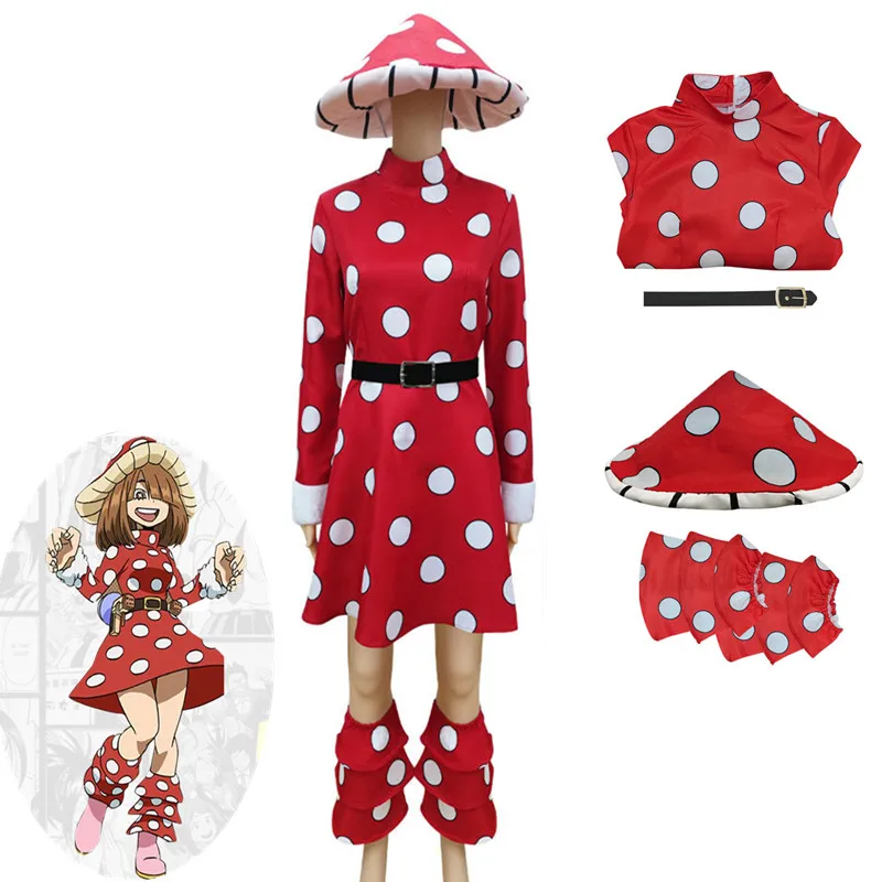 

Anime My Hero Academia Komori Kinoko Red Mushroom Dress Cosplay Costume Suit with Hat Halloween Christmas for Kids Adult