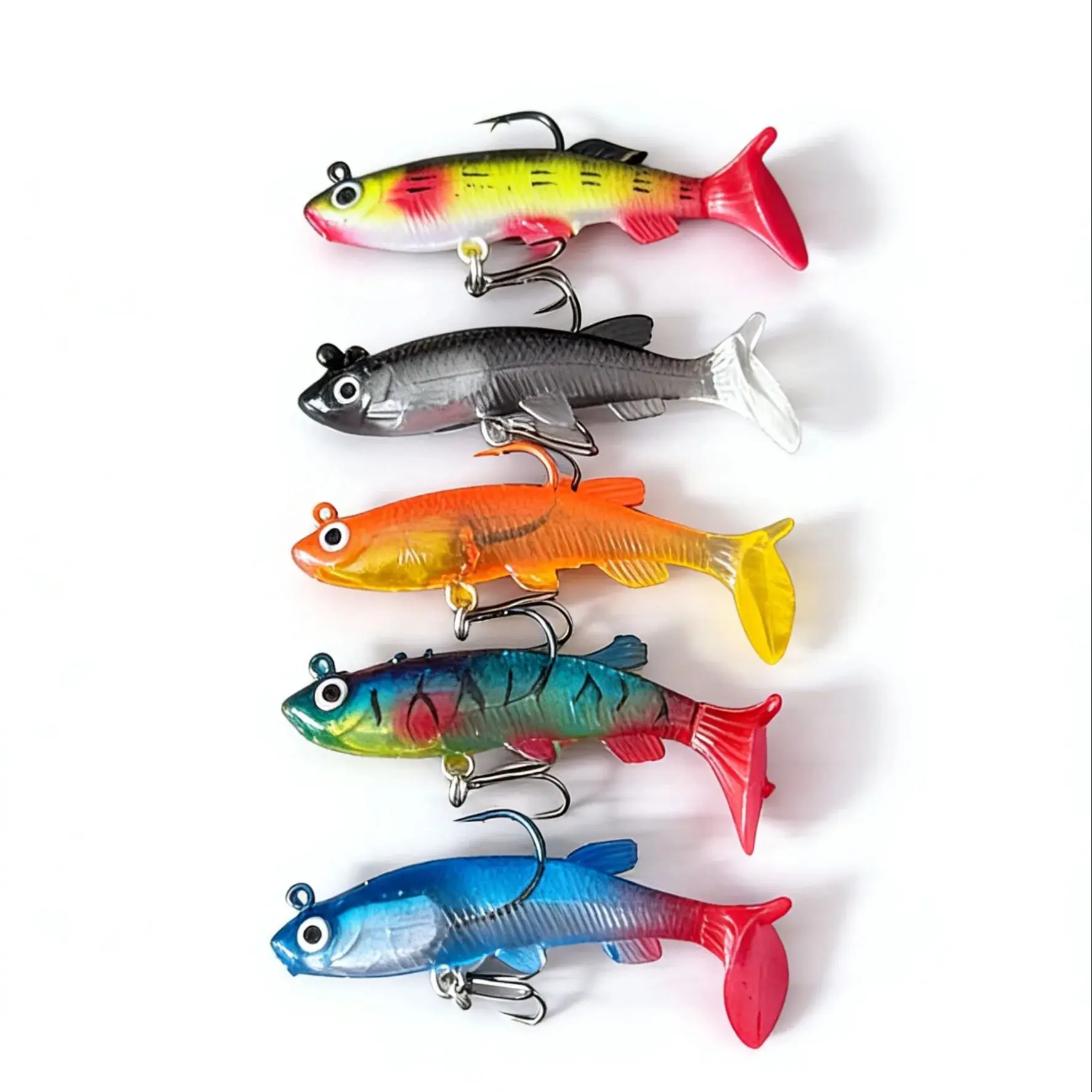 5 قطعة الطعم الناعم المطاط الصيد إغراء الاصطناعي غرق سويم مجعد T الذيل تهزهز رئيس الصيد معالجة السلع ل باس بايك