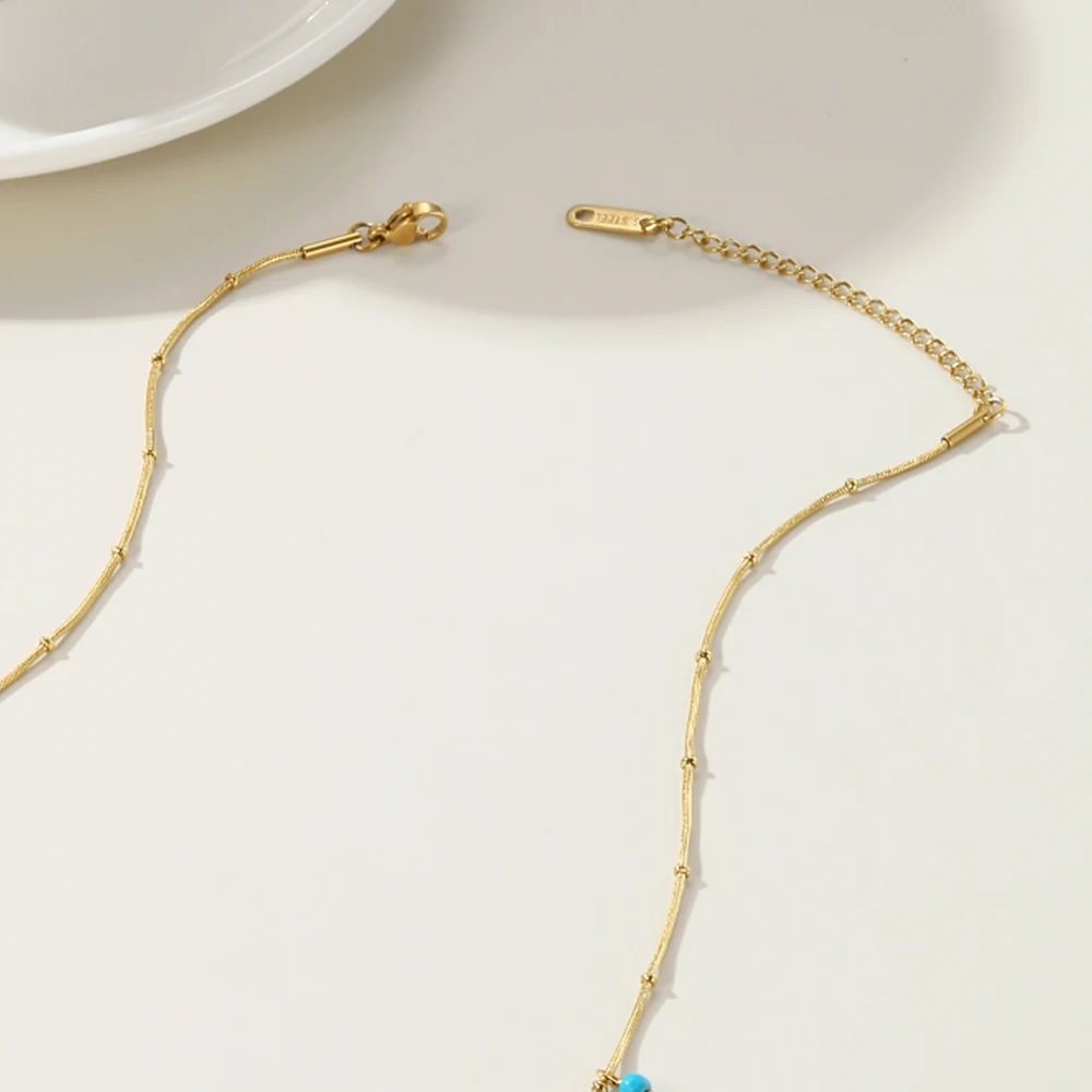 YACHAN 18K Gold PVD Plated Stainless Steel Chain Necklace for Women Turquoise Natural Stone Round Tap Texture Waterproof Jewelry