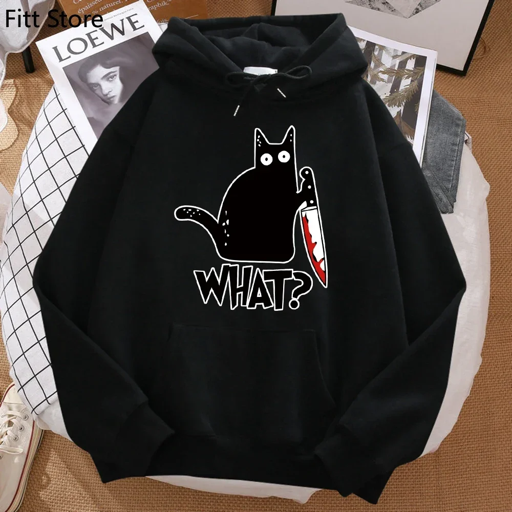 

Hoodie Cute Little Black Cat Holding A Knife Men Hoodie Street Fleece Hoody Hipster Autumn Sweatshirt Hip Hop Clothing Woman