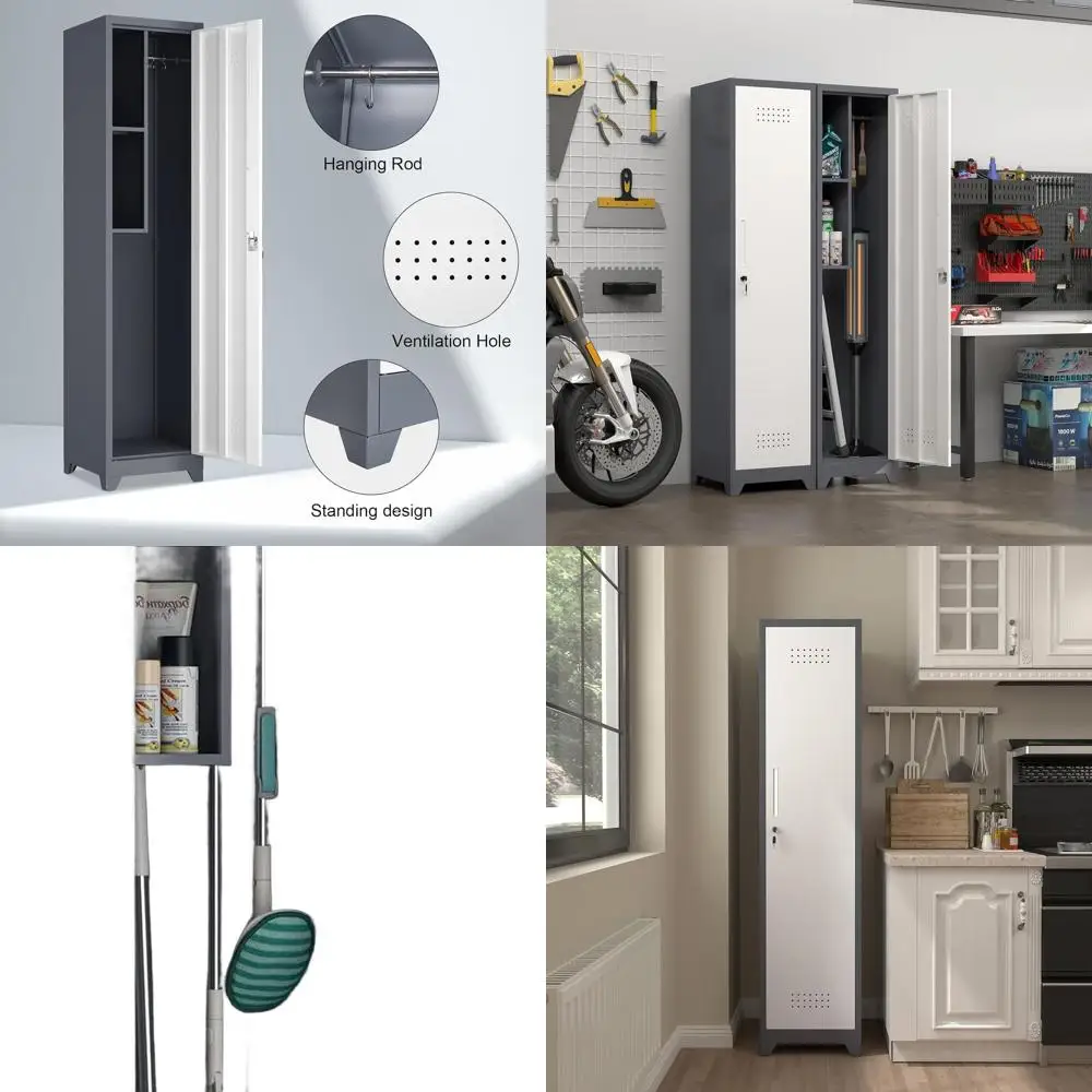 

65 Tall Slim Storage Cabinet with Hooks for Bathroom, Utility, Gym, and Garage