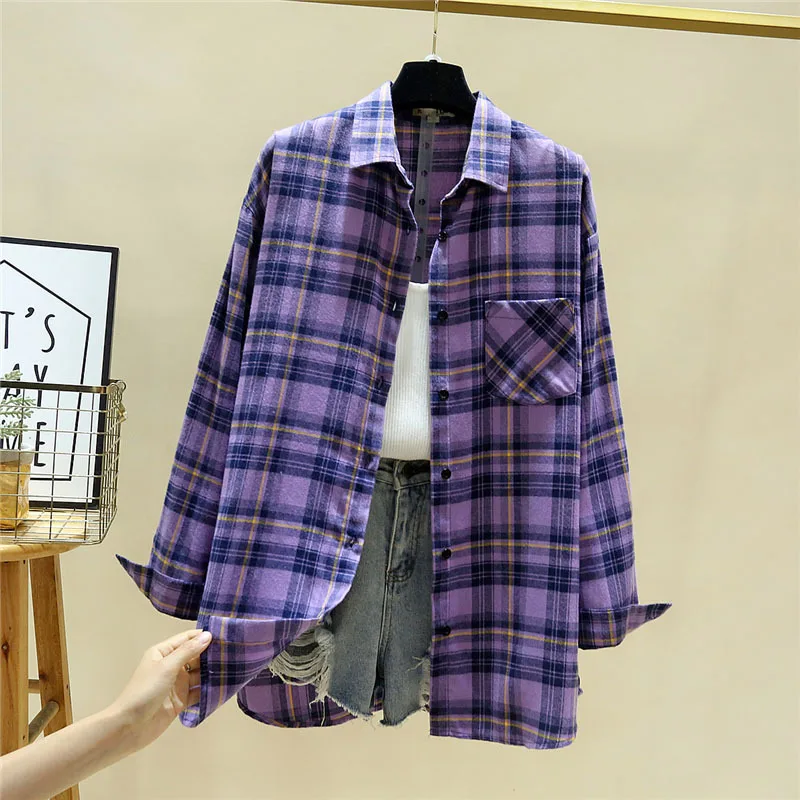 2024 New Casual Loose Women Plaid Shirt Lady Blouses Long Sleeve Shirts and Tops Oversized Female Cotton Checked Clothes