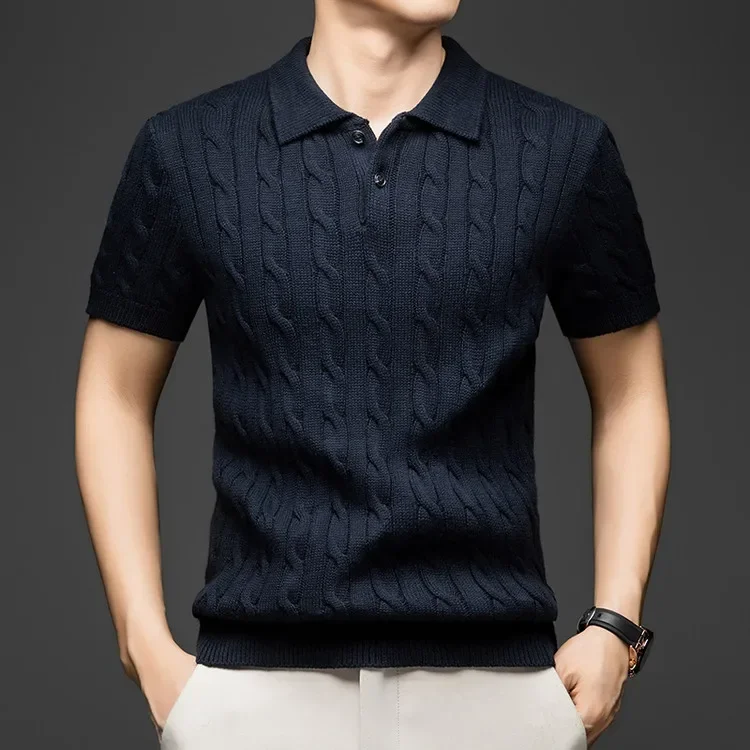 100% Baumwolle Herren Strick-Poloshirt Kurzarm Baumwolle Zopfmuster Retro Umlegekragen Lässiges Business-Oberteil – Detail 9