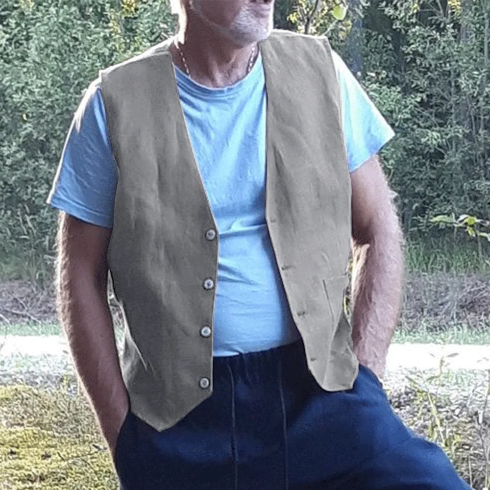 Casual Vest for Men Linen Retro Waistcoat Male Comfortable Man Casual Fishing Sleeveless Vests Summer Clothes Solid Color Design