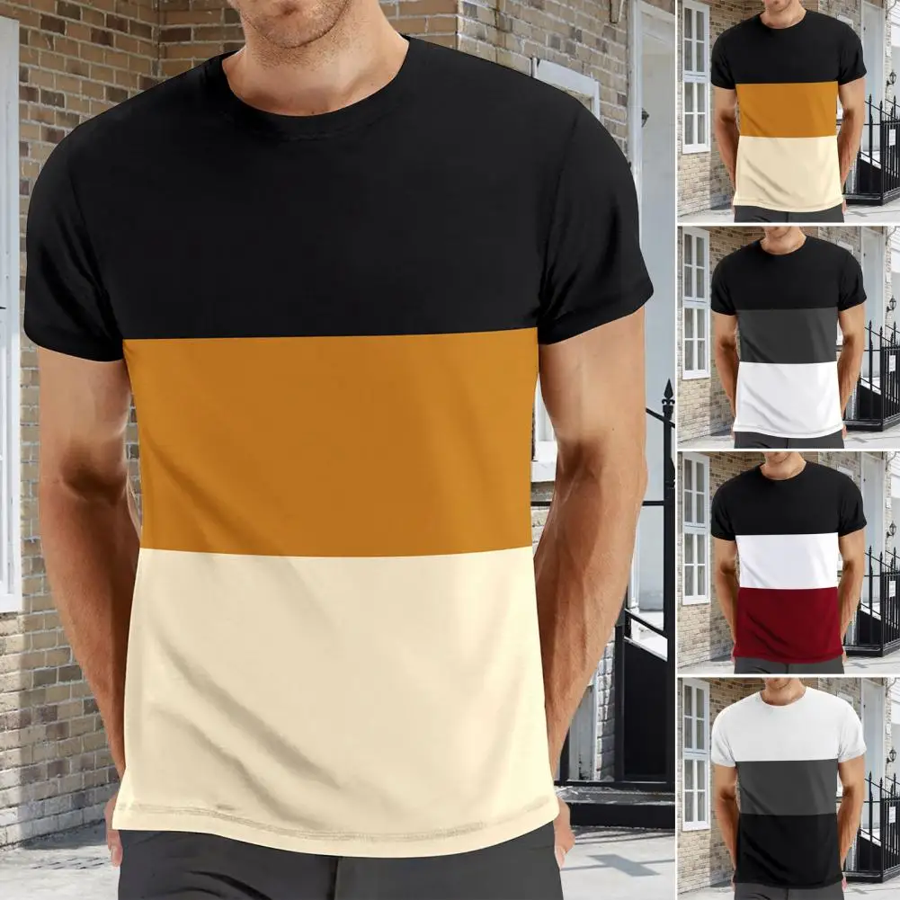 Round Neck Striped Tee Men's Color Matching Round Neck Pullover T-shirt for Sport Fitness Loose Fit Stretchy Bottoming Tee Men