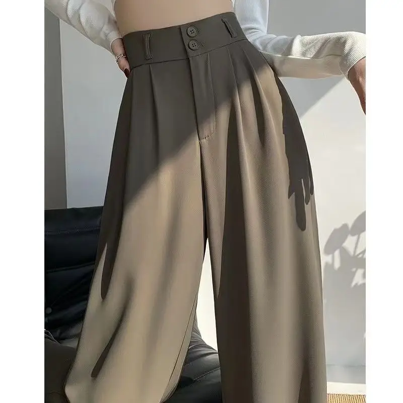 Women Spring Autumn New Commute Fashion High Waist Suit Pants Young Style Button Pockets Zipper Wide Leg Pants Casual Trousers