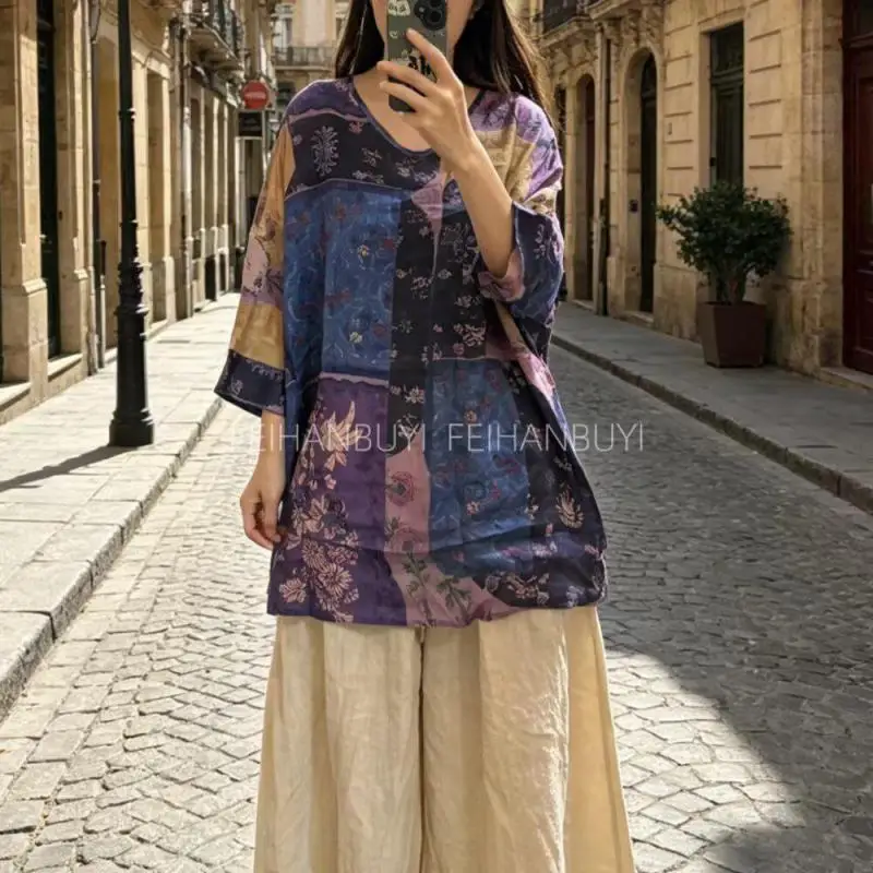 New Arrival 2026 Summer Arts Style Thin Ramie Women V-neck Tee Shirt Batwing Sleeve Vintage Print Loose Long Tees Tshirt  F2759