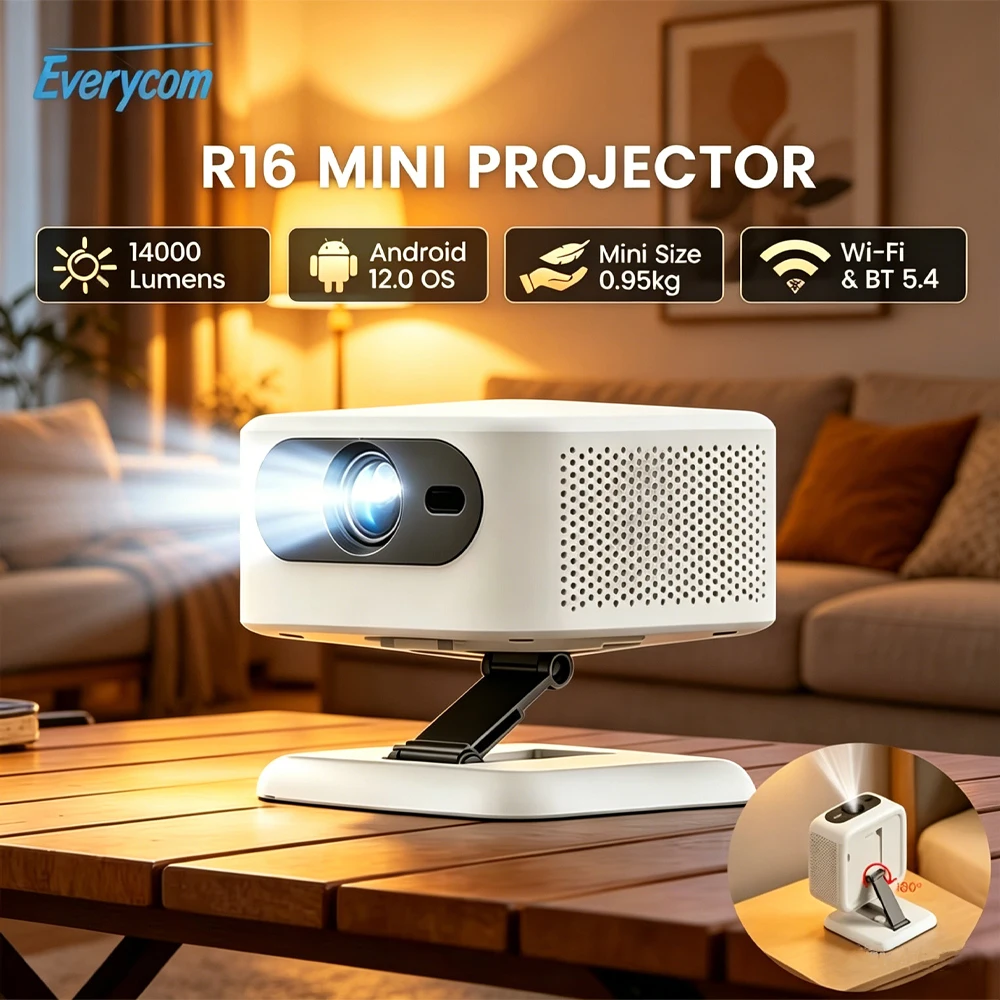 Everycom R16 Mini Projector with Stand 14000 Lumens Ultralight Portable Outdoor Camping Home Cinema Android 12 Smart TV Beamer