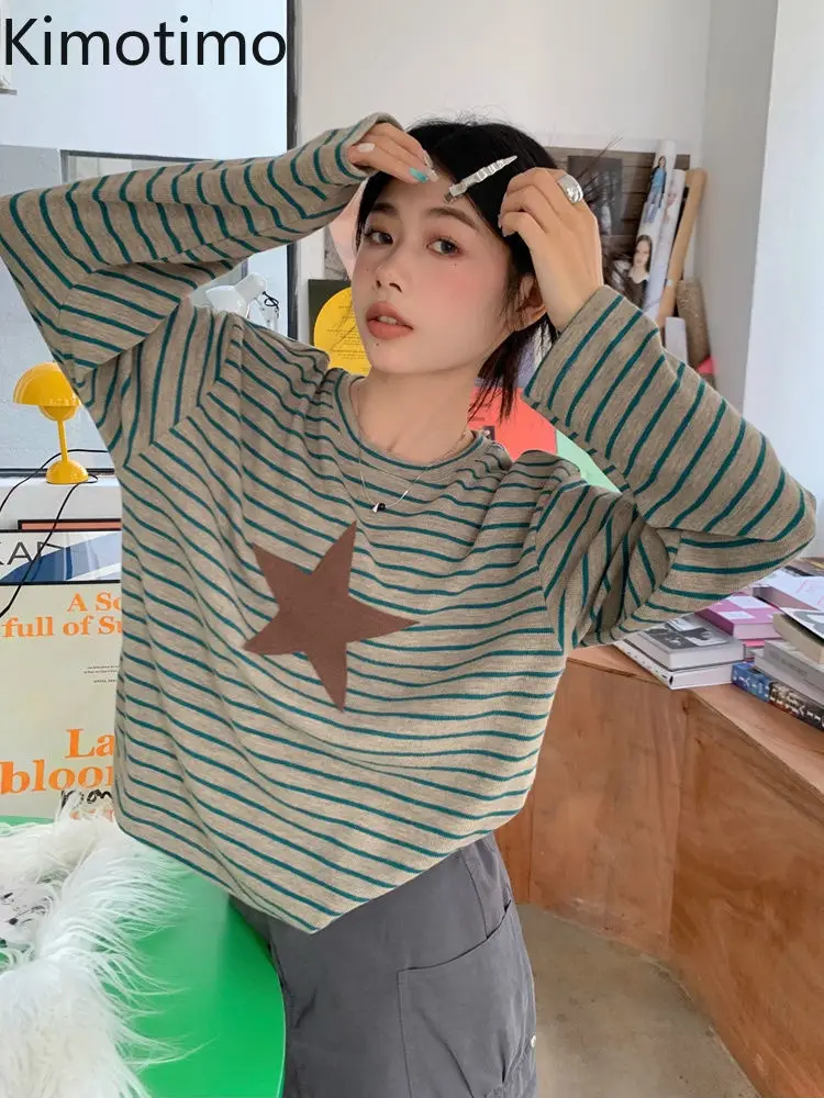 

Kimotimo Vintage Star Patch Striped Long Sleeve T-shirt Women Autumn Winter O Neck Loose Casual Crop Top Japanese Y2k Chic Tees